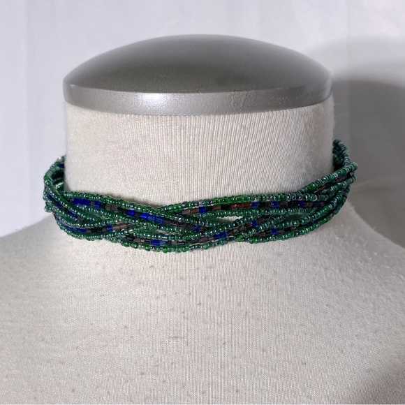 Vintage Y2K Green Braided Beaded Choker Necklace - Picture 1 of 11